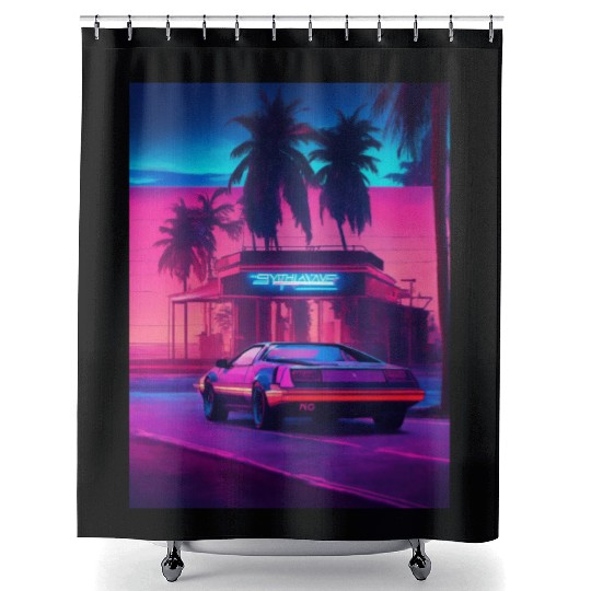 Retro Synthwave Night Drive Shower Curtains