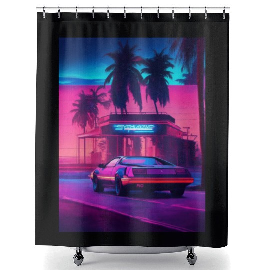 Retro Synthwave Night Drive Shower Curtains