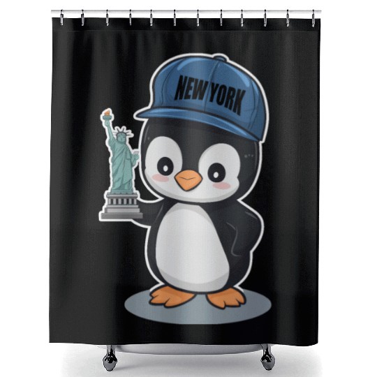 New York Penguin Holding Statue Of Liberty Shower Curtains
