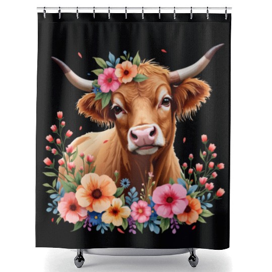 Cute Scottish Highland Cow Floral Shower Curtains