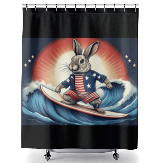 Stars & Stripes Surfer Bunny Shower Curtains