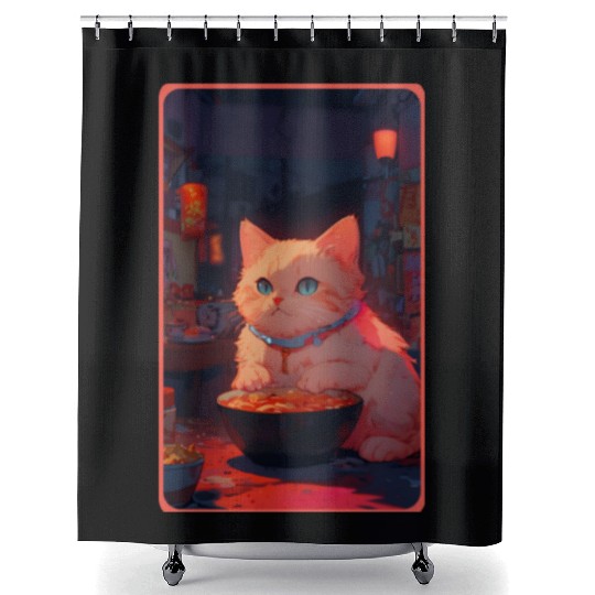 Anime Cute Cat Eating Ramen Shower Curtains