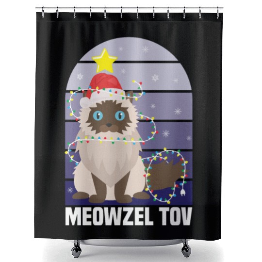 Meowzel Tov Hanukkah Black Cat Christmas Lights Shower Curtains