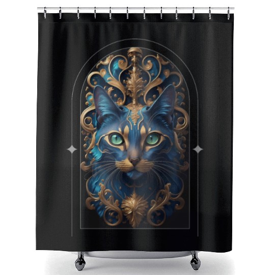 Elegant stylish blue and gold cat face Shower Curtains