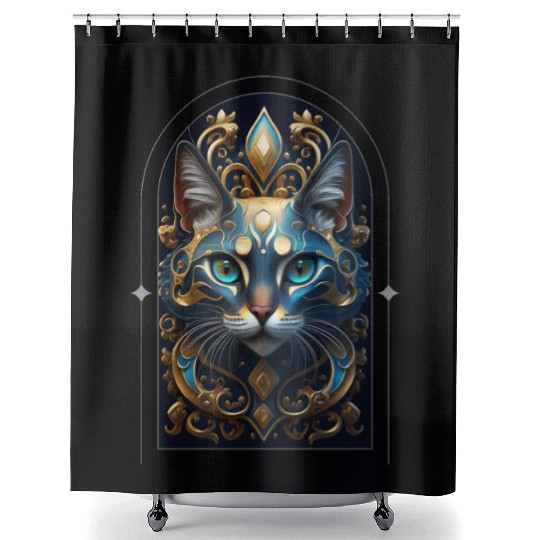 Elegant stylish blue and gold cat face Shower Curtains