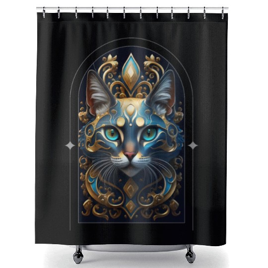 Elegant stylish blue and gold cat face Shower Curtains