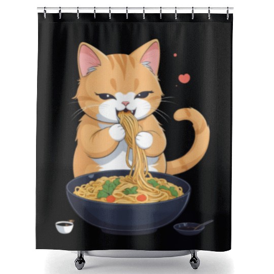 Funny Kawaii Cat Eating Ramen Noodles Japanese Shower Curtains