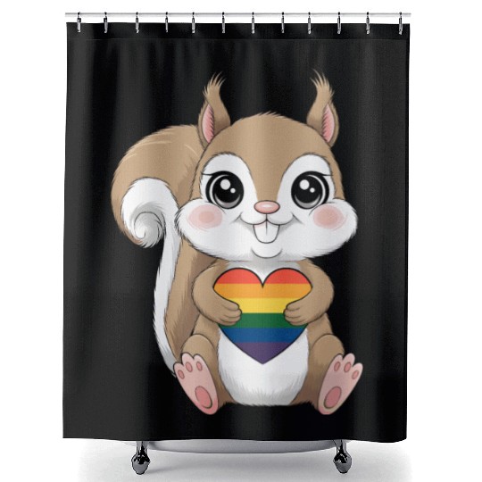 Cute Squirrel Holding Rainbow Heart LGTBQ Love Shower Curtains