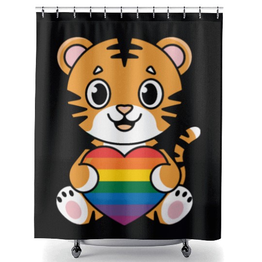 LGTBQ Tiger Holding Rainbow Heart Shower Curtains