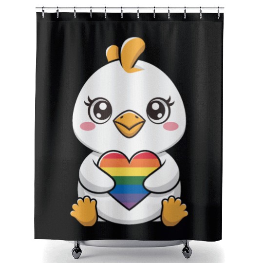 Adorable Chick Holding Rainbow Heart LGTBQ Shower Curtains