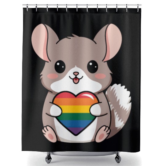LGTBQ Chinchilla Holding Rainbow Heart Cute Pride Shower Curtains