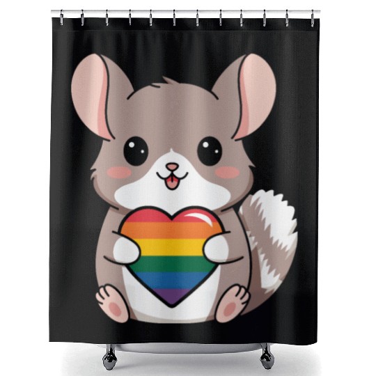LGTBQ Chinchilla Holding Rainbow Heart Cute Pride Shower Curtains