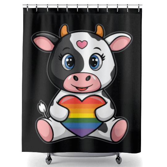LGTBQ Cow Holding Rainbow Heart Shower Curtains