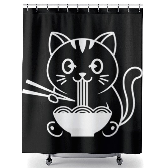 Cute Cat Eating Ramen Kawaii Food Design Shower Curtains
