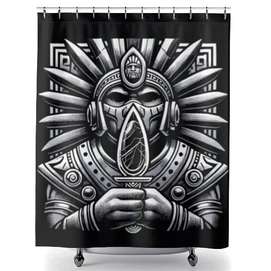Aztec Warrior Mask with Tribal Art and Ancient Shower Curtains