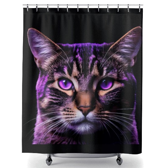 Vivid Lilac-Eyed Tabby Cat Portrait Shower Curtains