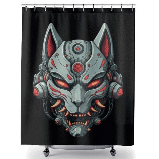 Kitsune Cyberpunk Mask: Mecha Robot Warrior Shower Curtains