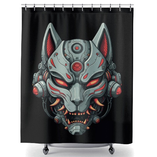 Kitsune Cyberpunk Mask: Mecha Robot Warrior Shower Curtains
