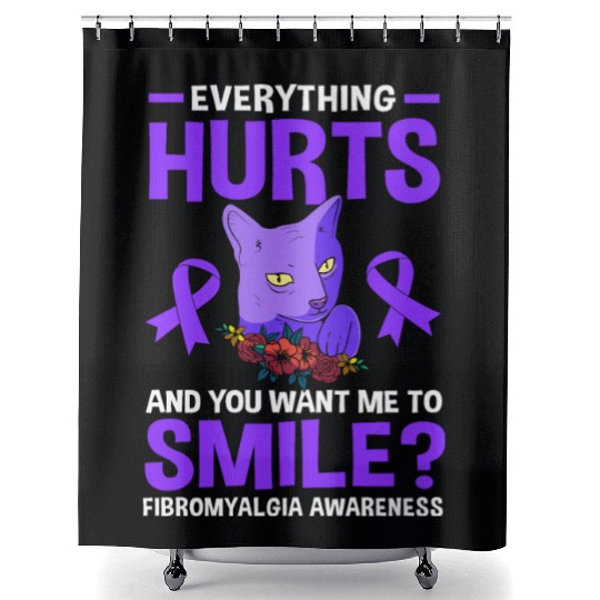 Everything Hurts Cat Purple Ribbon Fibro Awareness Shower Curtains