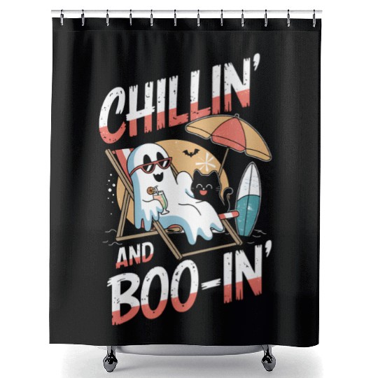 Halloween Ghost and Cat Relaxing Beach Vacation Shower Curtains
