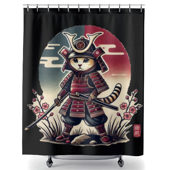 Samurai Cat: Vintage Ukiyo-e Warrior Art Shower Curtains
