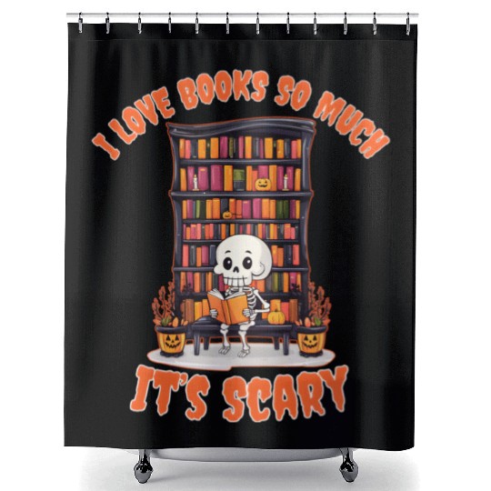 Halloween skeleton book lover reading adults Shower Curtains