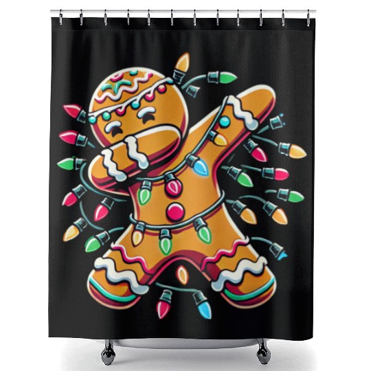 Dabbing Gingerbread Wrapped in Christmas Lights Shower Curtains