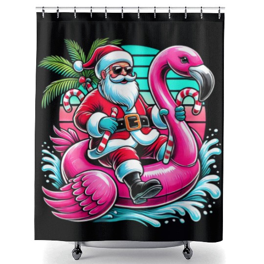 Santa Riding Flamingo in Tropical Christmas Fun Shower Curtains