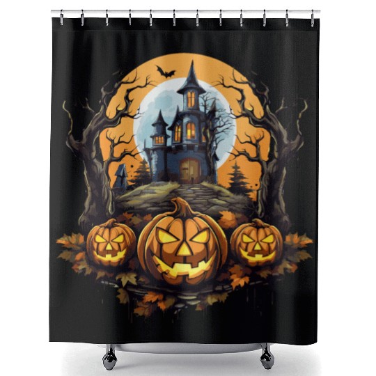 Spooky Haunted House Halloween Witches Pumpkin Shower Curtains