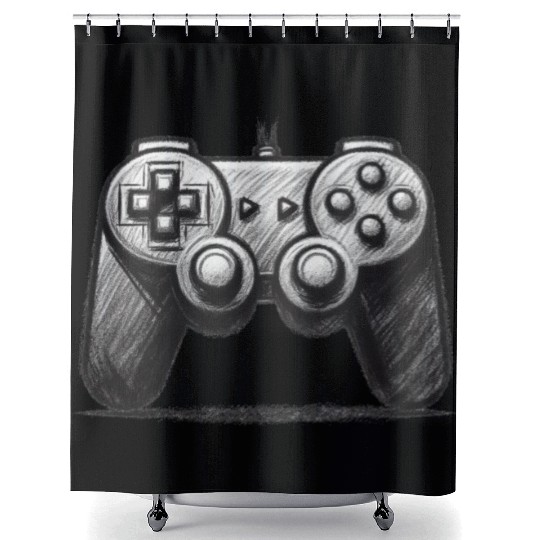 Gamer Controller Cartoon Charcoal Gaming Art 4 Shower Curtains