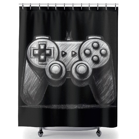 Gamer Controller Cartoon Charcoal Gaming Art 4 Shower Curtains