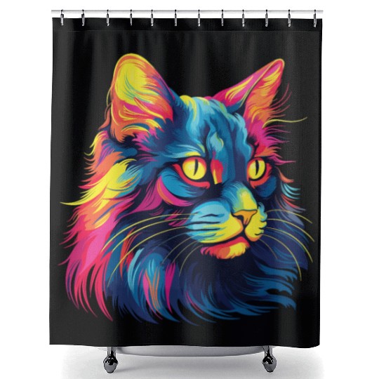 Cat Watercolor Colorful Maine Cat Shower Curtains
