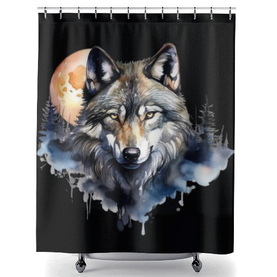 Wolf Portrait Under Full Moon Design Shower Curtains