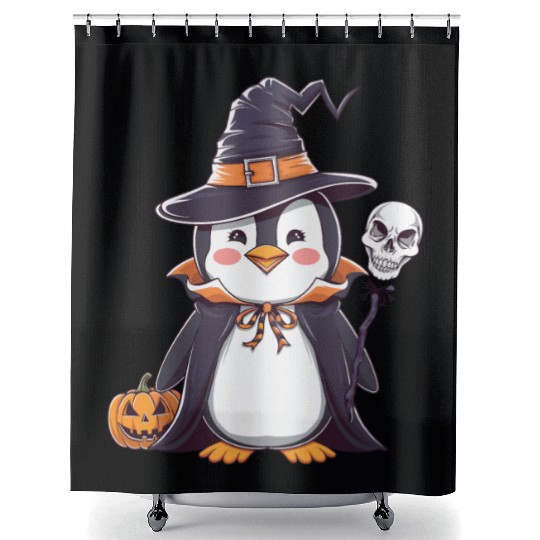 Penguin Halloween Sorcerer with Pumpkin and Skull Shower Curtains