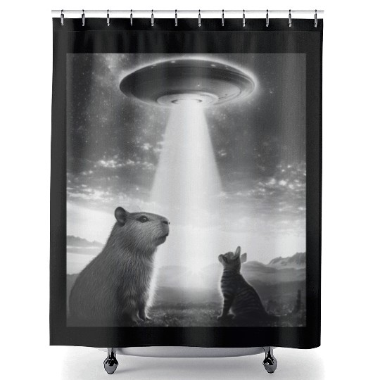 Funny Graphic Capybara Selfie With Ufos Weird Shower Curtains