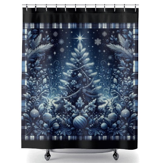 flannel blue and white christmas Shower Curtains
