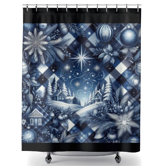 flannel blue and white christmas Shower Curtains