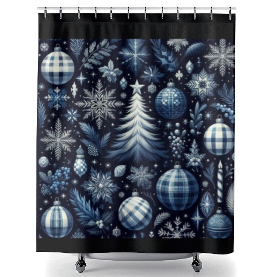 flannel blue and white christmas Shower Curtains