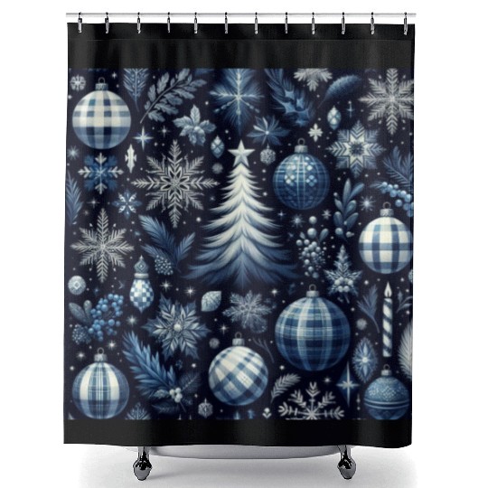 flannel blue and white christmas Shower Curtains