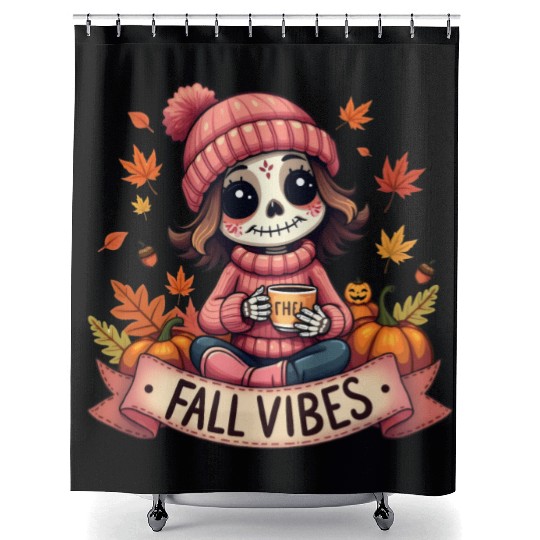 cozy Fall Skeleton Cute Autumn Vibes Halloween Shower Curtains