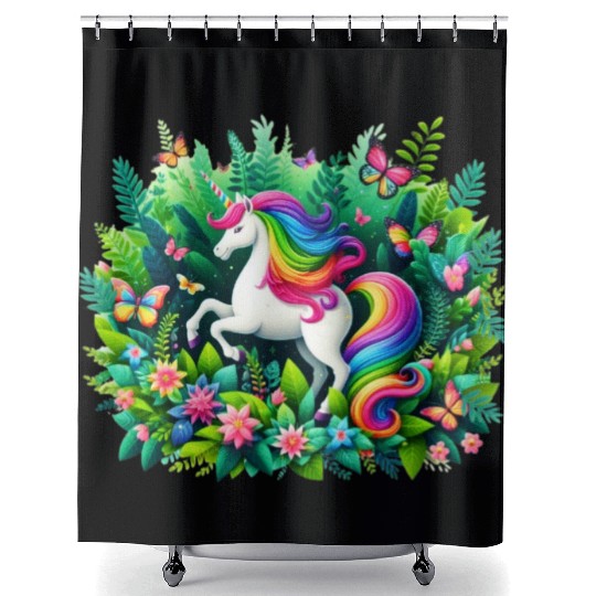 Unicorn, fantasydesign, butterfly in flower garden Shower Curtains