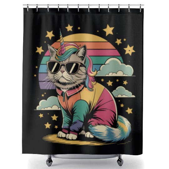 Dramatic Unicorn Cat in Sunglasses Relaxing Shower Curtains