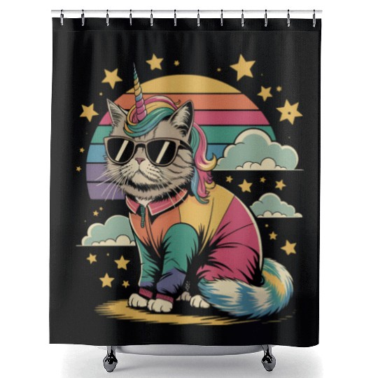 Dramatic Unicorn Cat in Sunglasses Relaxing Shower Curtains