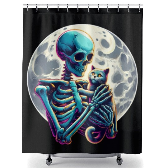 Skeleton Cute Cat Skull Kitty Halloween Shower Curtains