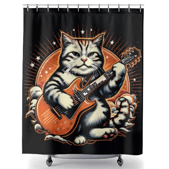 Cat Playing Guitar Rock Star Rock and Roll Shower Curtains