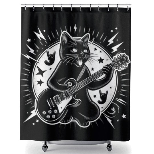 Rock Star Rock and Roll Cat Playing Guitar Shower Curtains