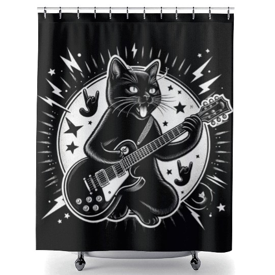 Rock Star Rock and Roll Cat Playing Guitar Shower Curtains