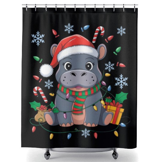 Cute Christmas Hippo - Holiday Lights and Gifts Shower Curtains