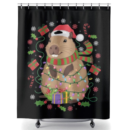 Cute Christmas Capybara - Holiday Lights and Gifts Shower Curtains