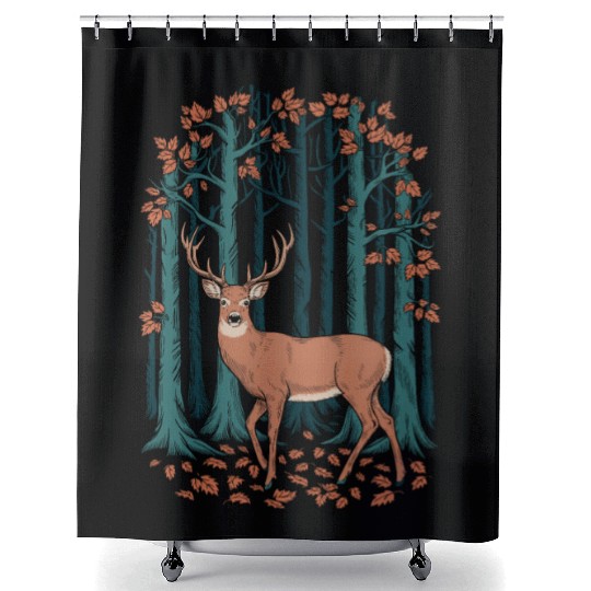 Cottagecore Deer and Autumn Forest Scene Shower Curtains